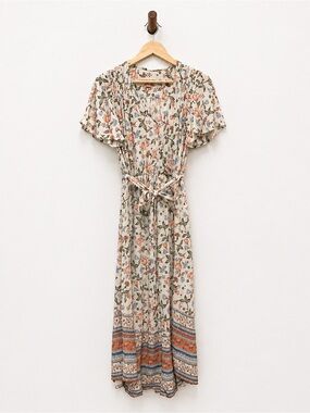 Knox Rose Floral Boho Maxi Dress Flutter Sleeve Tie Waist M